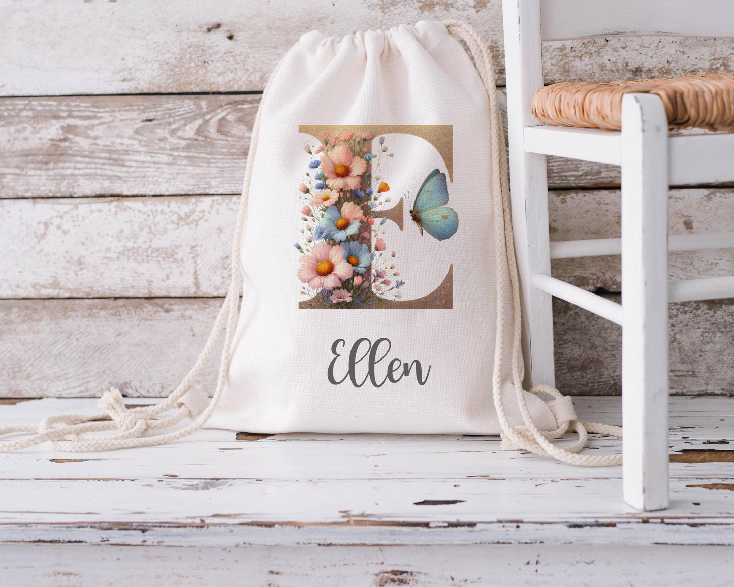 Personalised Drawstring Bag - Initial and Flowers