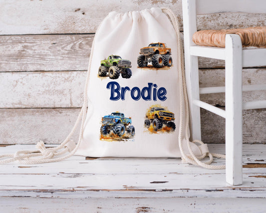 Personalised Drawstring Bag - Monster Trucks