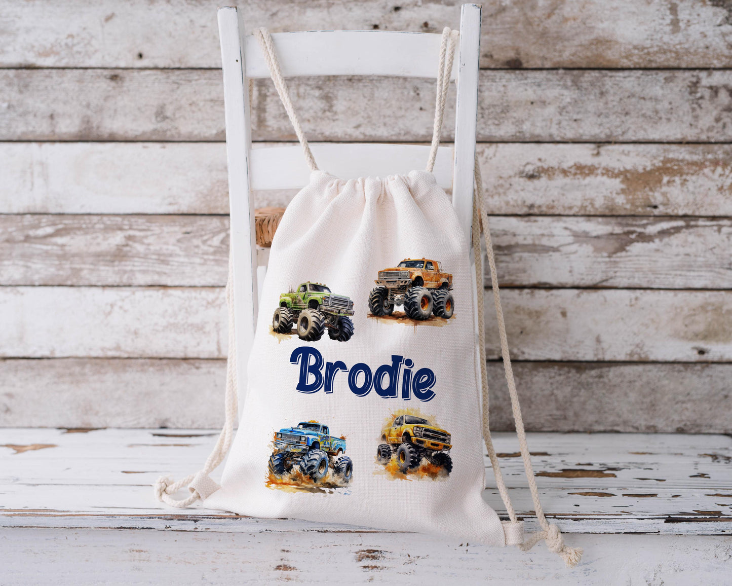 Personalised Drawstring Bag - Monster Trucks
