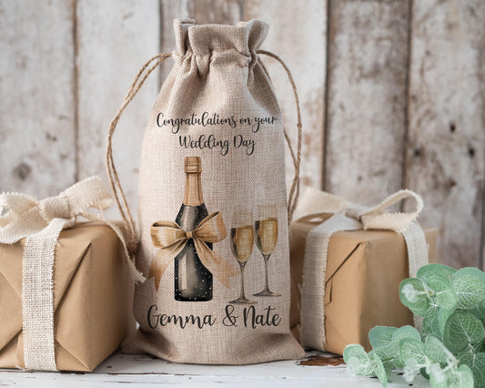 Personalised Wine Champagne Bottle Gift Bag - Wedding, Anniversary, Bride & Groom