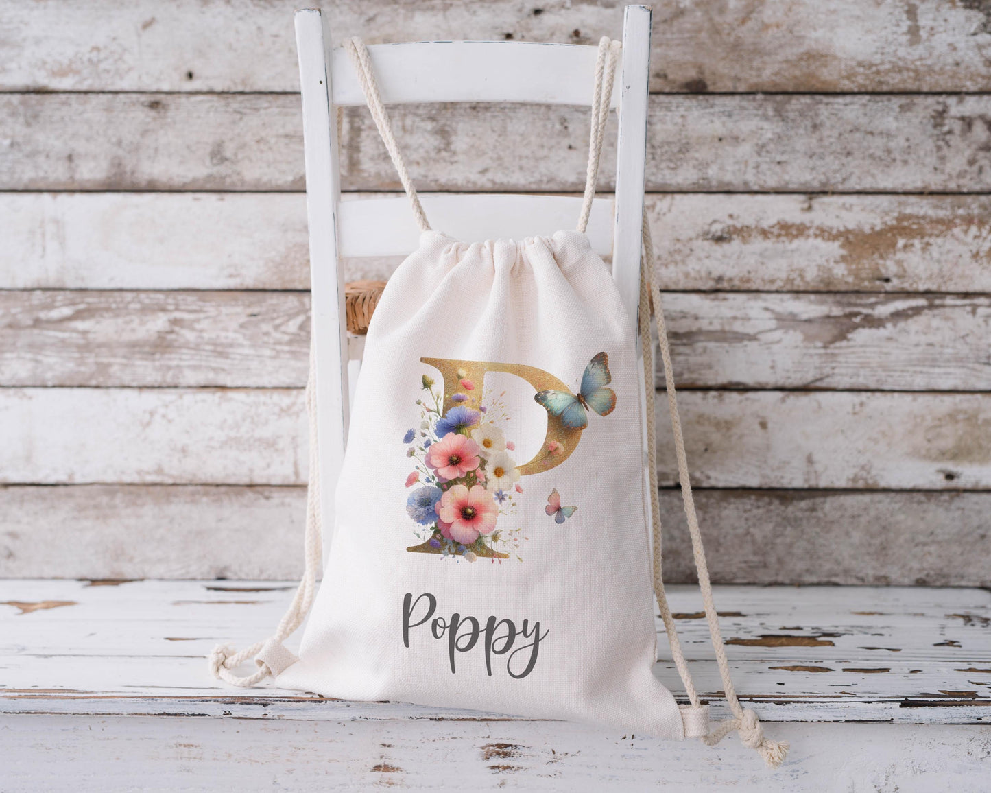 Personalised Drawstring Bag - Initial and Flowers