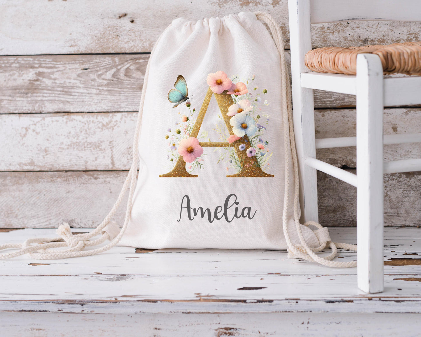 Personalised Drawstring Bag - Initial and Flowers